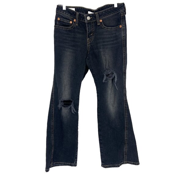 Levis Women 31 Noughties Bootcut Jeans Distressed Black Faded Whiskering Flare - Picture 1 of 10